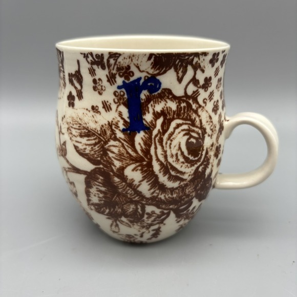 Anthropologie Homegrown Monogram Initial R Coffee Mug Brown Floral Bird Pattern - Picture 1 of 8